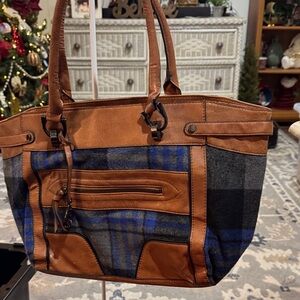London Fog Brown and Blue Plaid Tote Bag